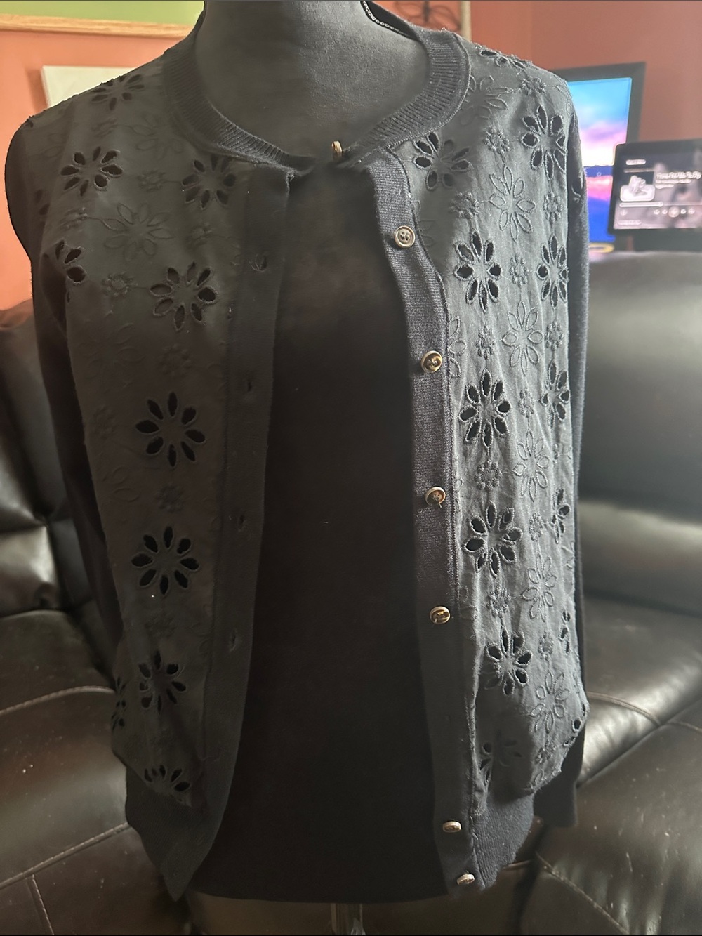 Ann Taylor Black Eyelet Knit Button-Front Vest